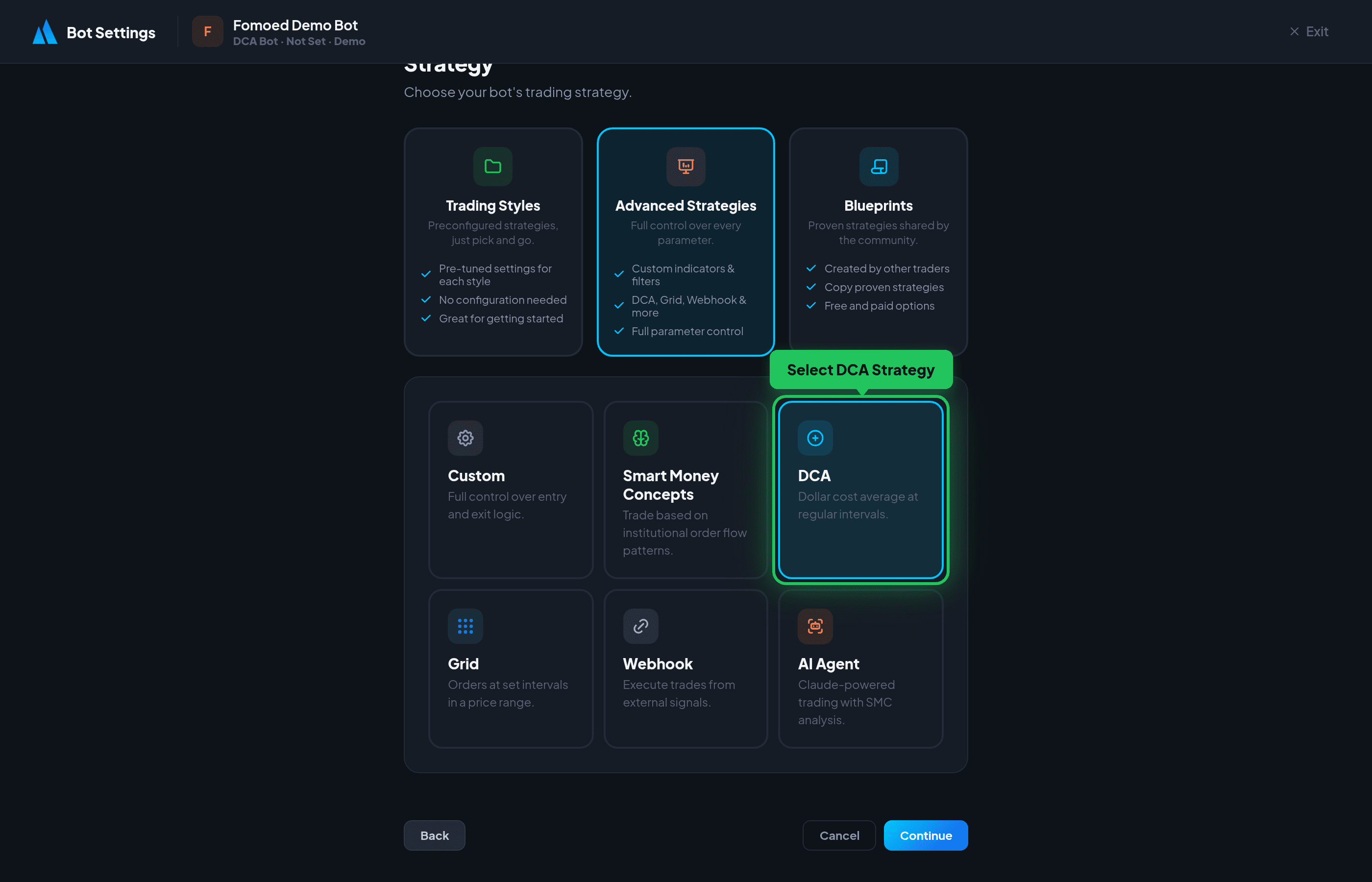 Select DCA Strategy in the Bot Wizard
