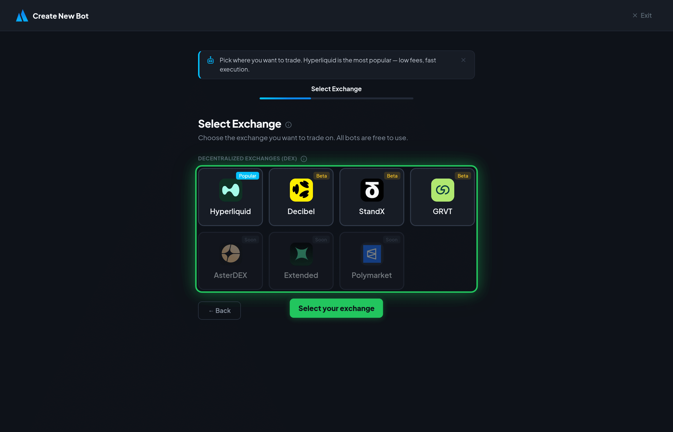 Exchange Selection in Bot Wizard