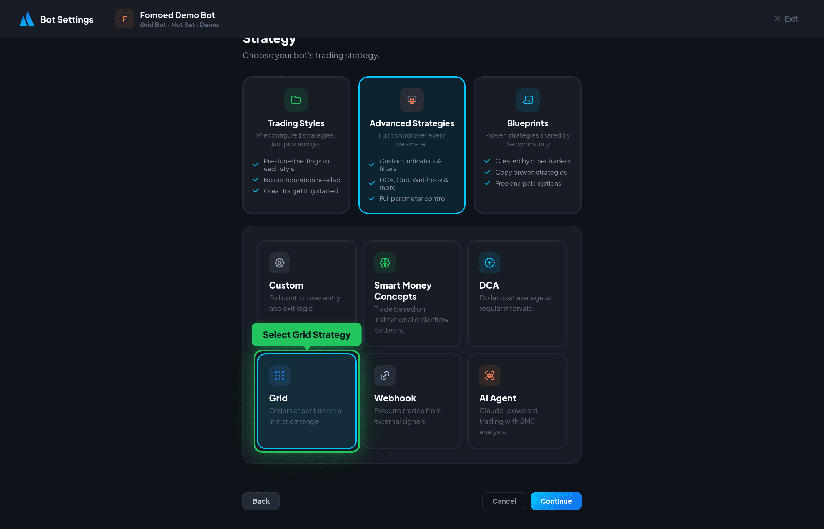 Grid-Strategie im Bot-Assistenten auswählen