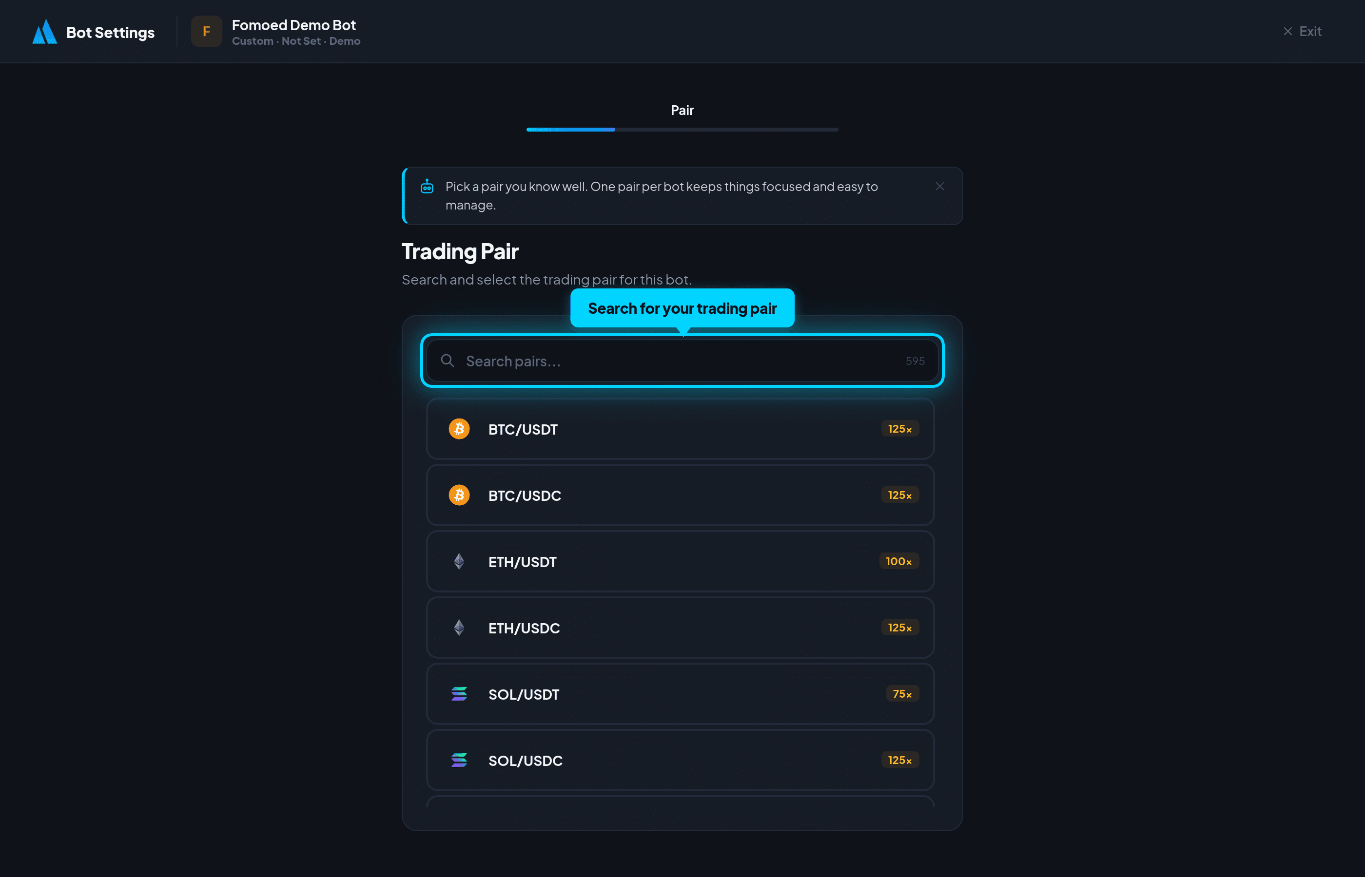 Bot Wizard - Search and select your trading pair