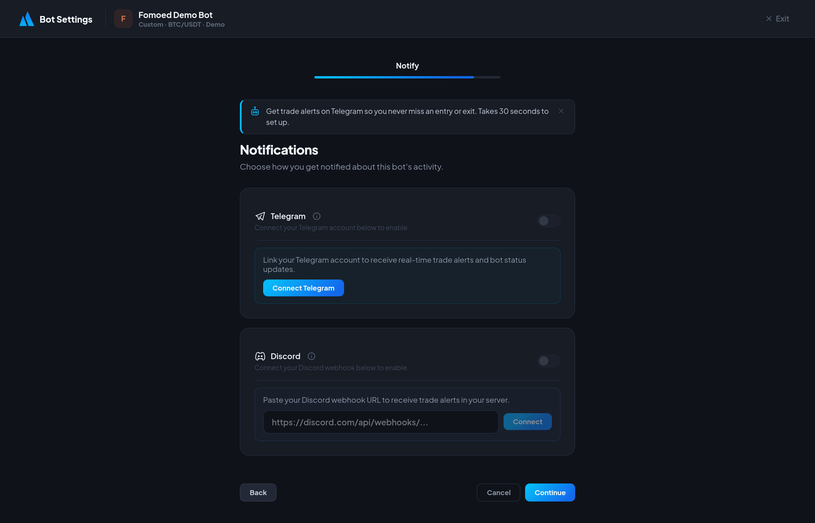Notification Settings - Telegram and Discord setup